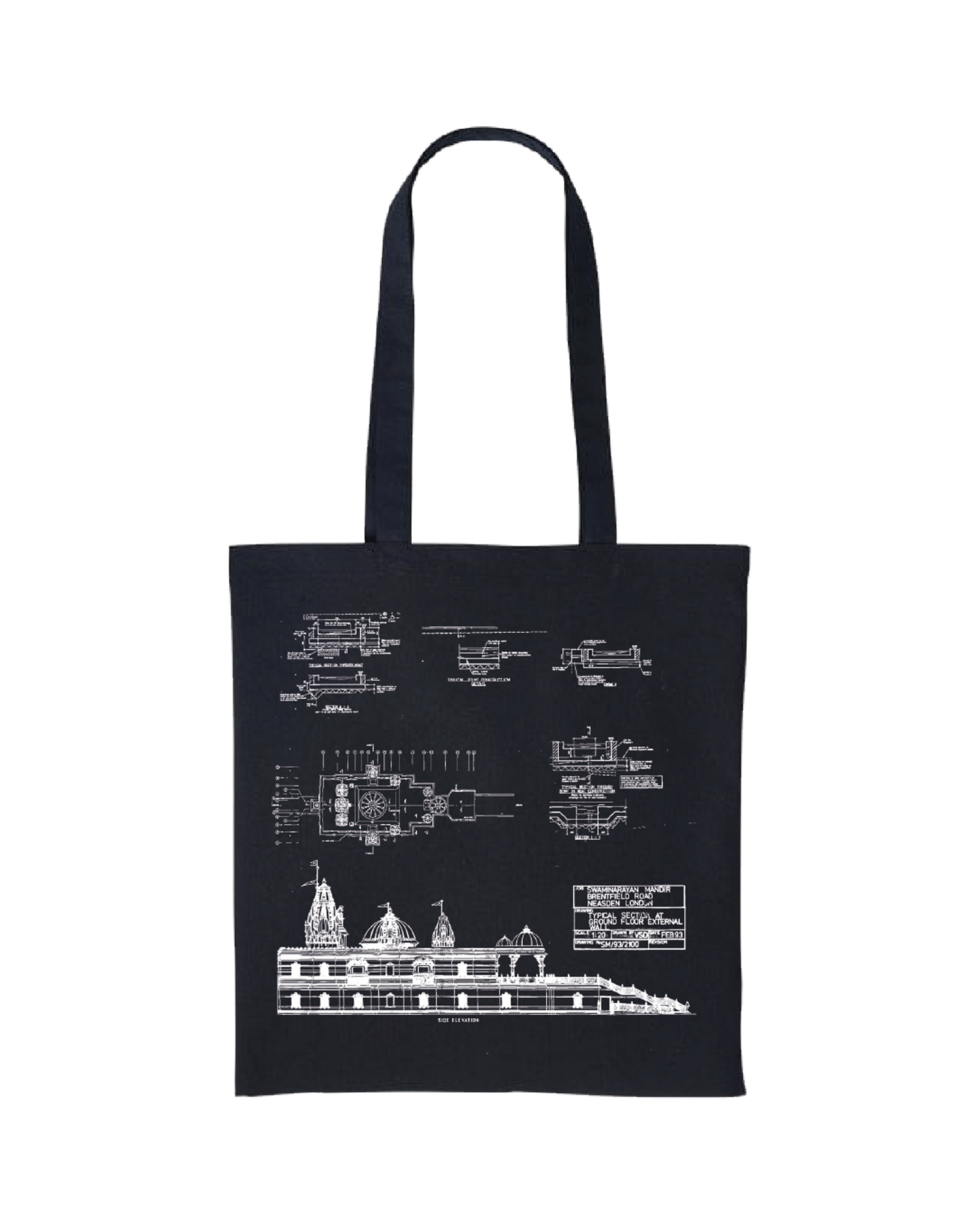Neasden Temple Black Blueprint Tote Bag